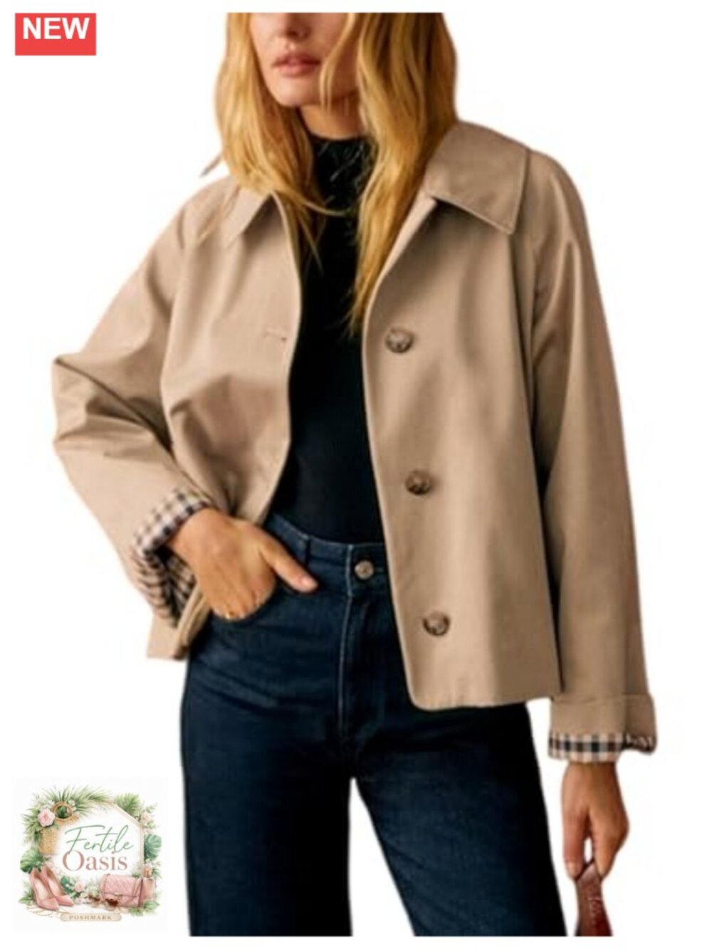 Women's Oversized Casual Trench Coat with Plaid Lining Button Down, Lightweight